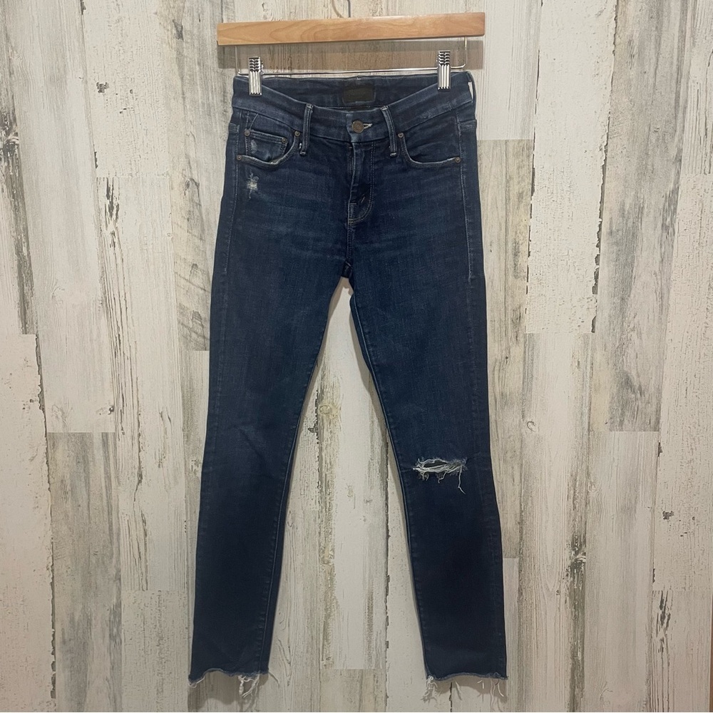 Mother Looker Ankle Fray- Partner in Crime Dark Wash Raw Hem Skinny Jean size 24